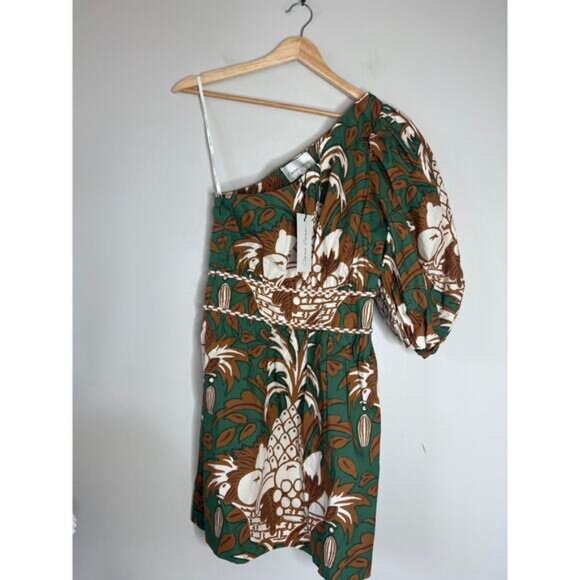 NWT Cara Cara Danielle One Shoulder Lined Mini Dress Green Fruit Basket Size: 2 - Picture 2 of 8